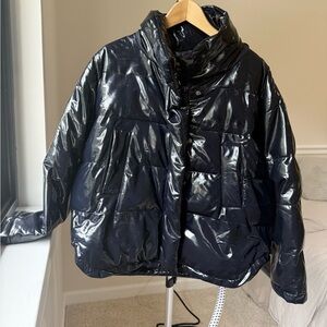 Navy High-Shine Puffer Jacket - Women urban outfiters oversized